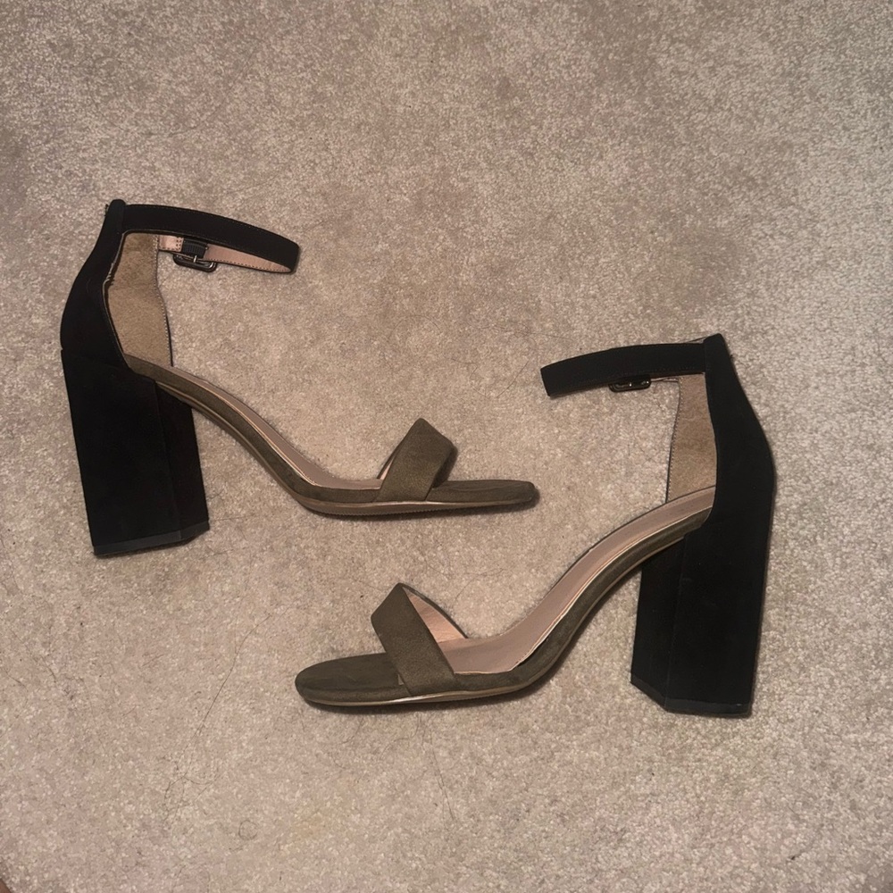 Black and olive green suede heel sandals
